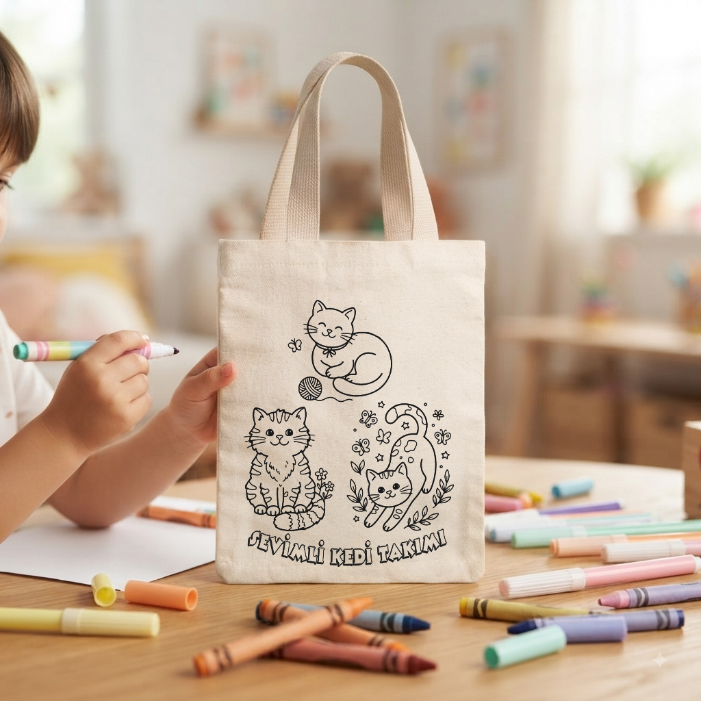 20x30 Cm Okula Dönüş Hediyesi Sevimli Hayvanlar Takımı Boyanabilir Baskılı Bez Çanta