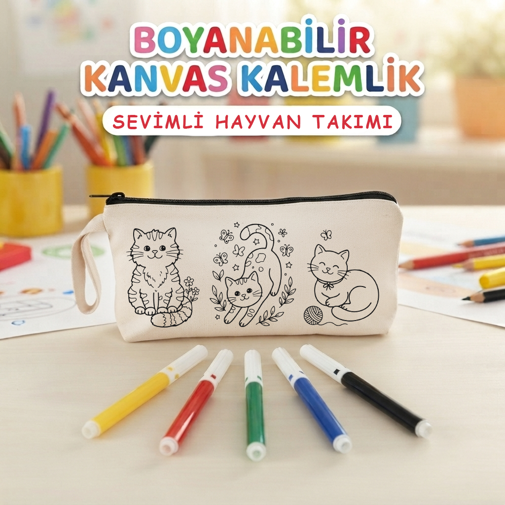 21x10 Cm Okula Dönüş  Hediyesi Sevimli Hayvanlar Takımı Boyanabilir Astarsız Kalemlik