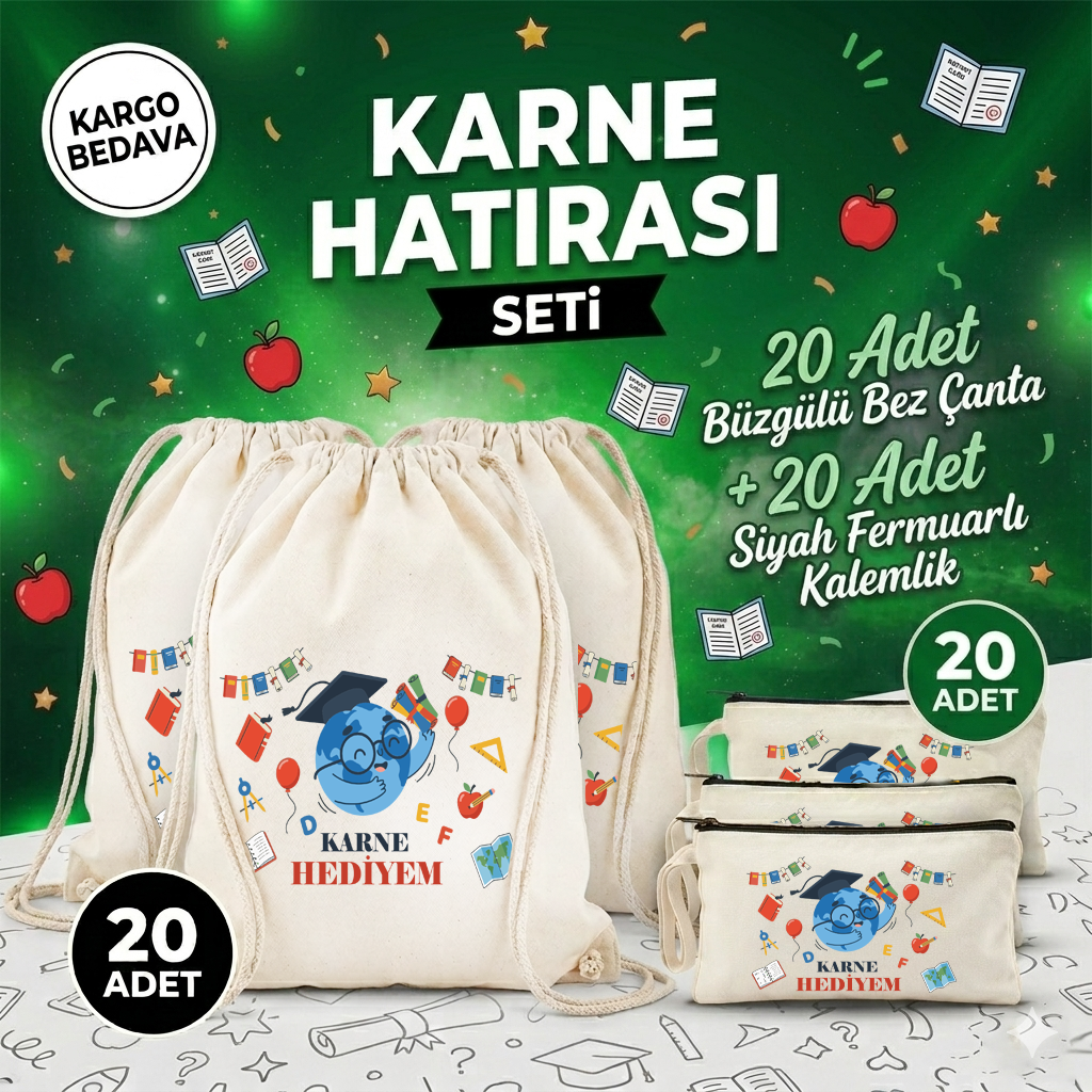 Karne Hediyesi Set - 20 Adet Büzgülü Çanta + 20 Adet Kalemlik Model -4