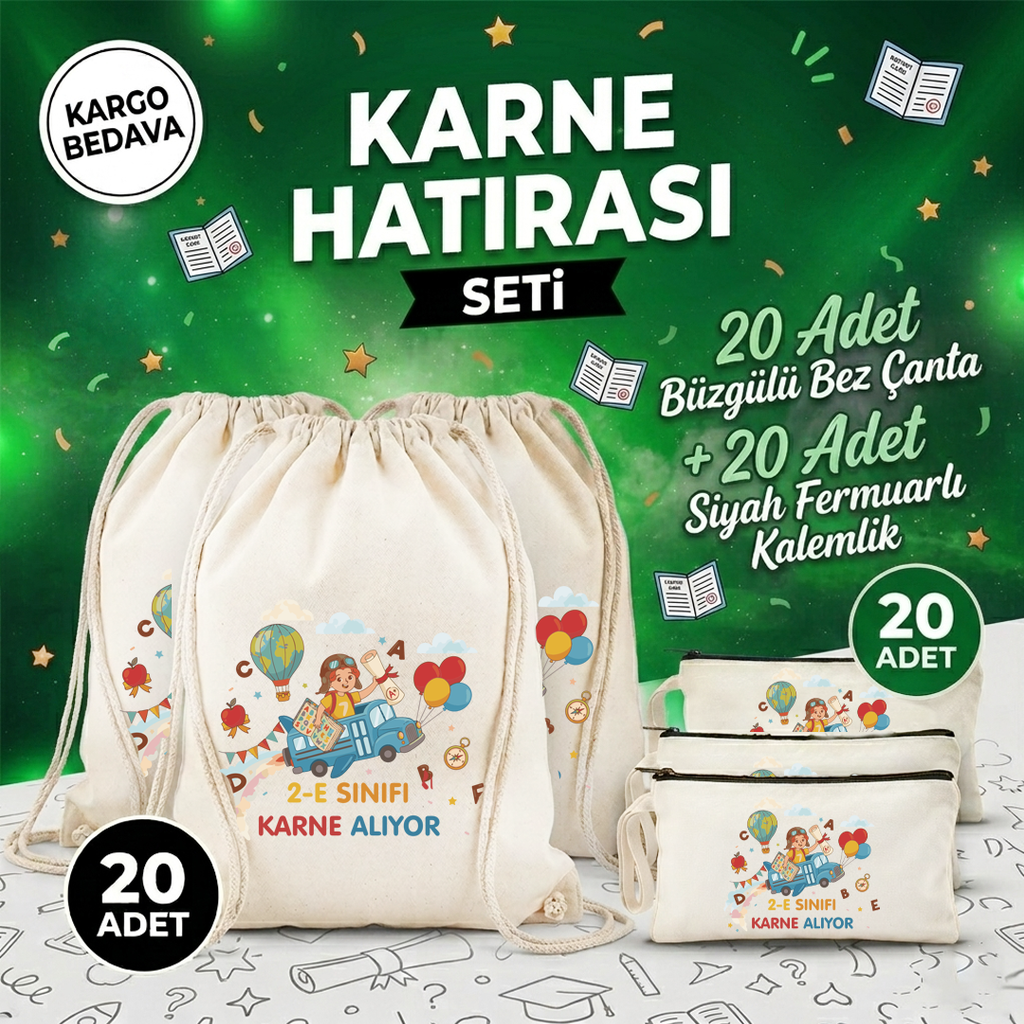 Karne Hediyesi Set - 20 Adet Büzgülü Çanta + 20 Adet Kalemlik Model -5
