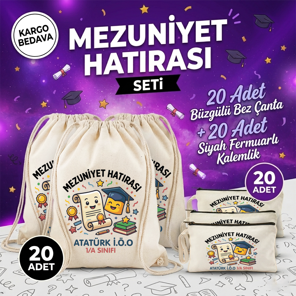 Mezuniyet Hediyesi Set - 20 Adet Büzgülü Çanta + 20 Adet Kalemlik Model -1