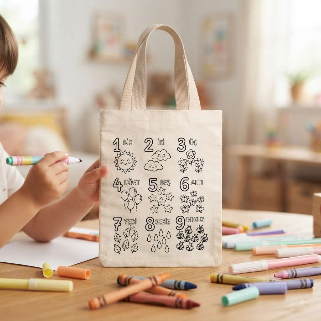20x30 Cm Okula Dönüş Hediyesi Sayıları Öğreniyorum Boyanabilir Baskılı Bez Çanta